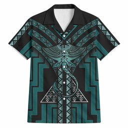 New Zealand Manta Ray Hawaiian Shirt Maori Tukutuku Taniko Motifs Teal