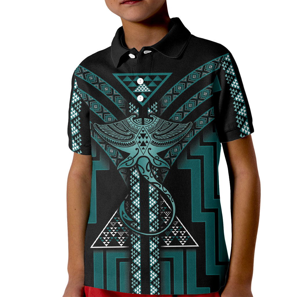 New Zealand Manta Ray Kid Polo Shirt Maori Tukutuku Taniko Motifs Teal