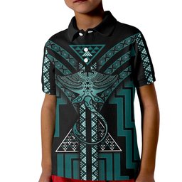 New Zealand Manta Ray Kid Polo Shirt Maori Tukutuku Taniko Motifs Teal