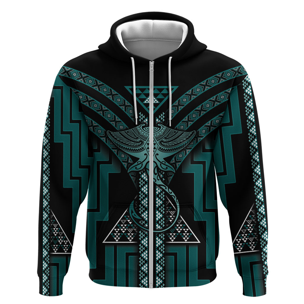 New Zealand Manta Ray Zip Hoodie Maori Tukutuku Taniko Motifs Teal