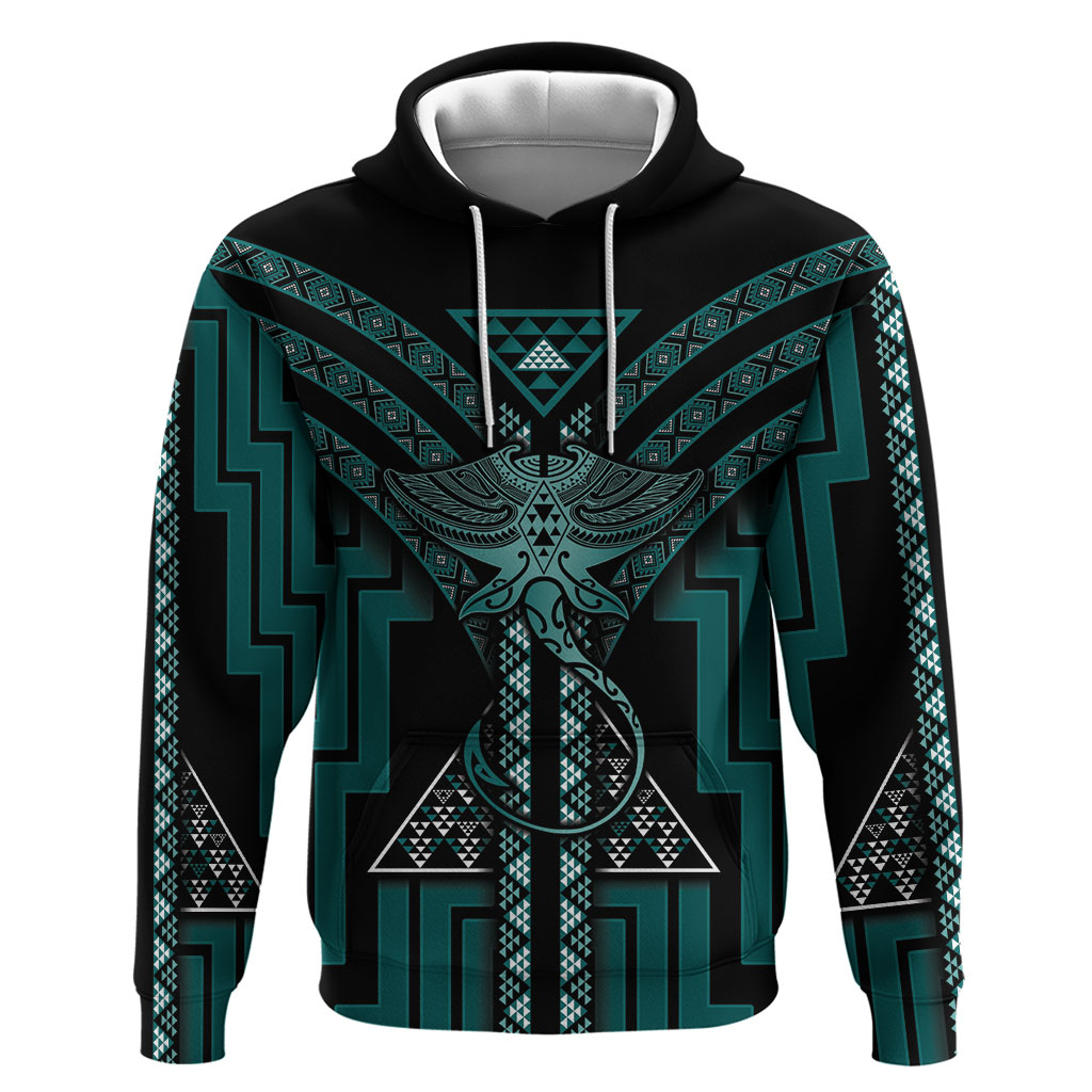 New Zealand Manta Ray Hoodie Maori Tukutuku Taniko Motifs Teal