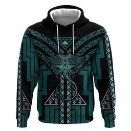 New Zealand Manta Ray Hoodie Maori Tukutuku Taniko Motifs Teal