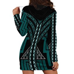 New Zealand Manta Ray Hoodie Dress Maori Tukutuku Taniko Motifs Teal