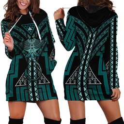 New Zealand Manta Ray Hoodie Dress Maori Tukutuku Taniko Motifs Teal