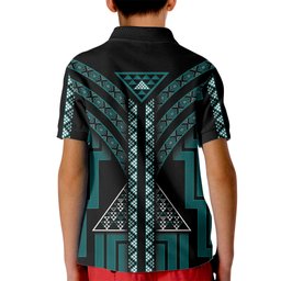 New Zealand Manta Ray Kid Polo Shirt Maori Tukutuku Taniko Motifs Teal