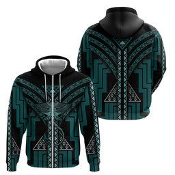 New Zealand Manta Ray Zip Hoodie Maori Tukutuku Taniko Motifs Teal