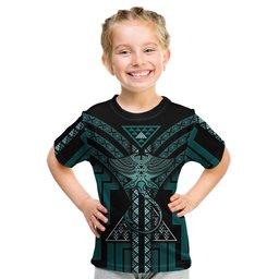 New Zealand Manta Ray Kid T Shirt Maori Tukutuku Taniko Motifs Teal