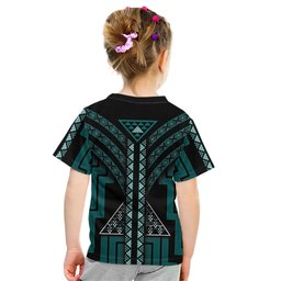 New Zealand Manta Ray Kid T Shirt Maori Tukutuku Taniko Motifs Teal