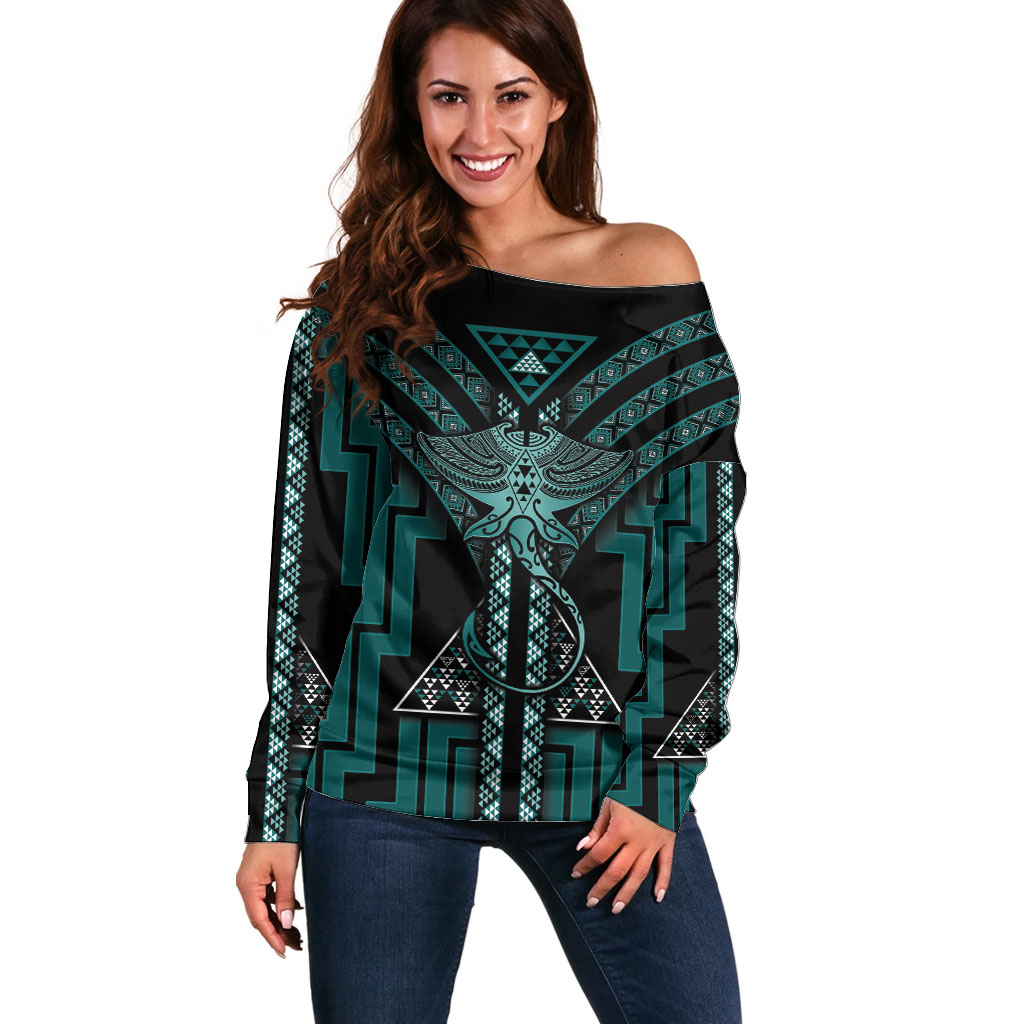 New Zealand Manta Ray Off Shoulder Sweater Maori Tukutuku Taniko Motifs Teal