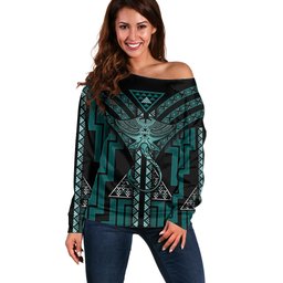 New Zealand Manta Ray Off Shoulder Sweater Maori Tukutuku Taniko Motifs Teal