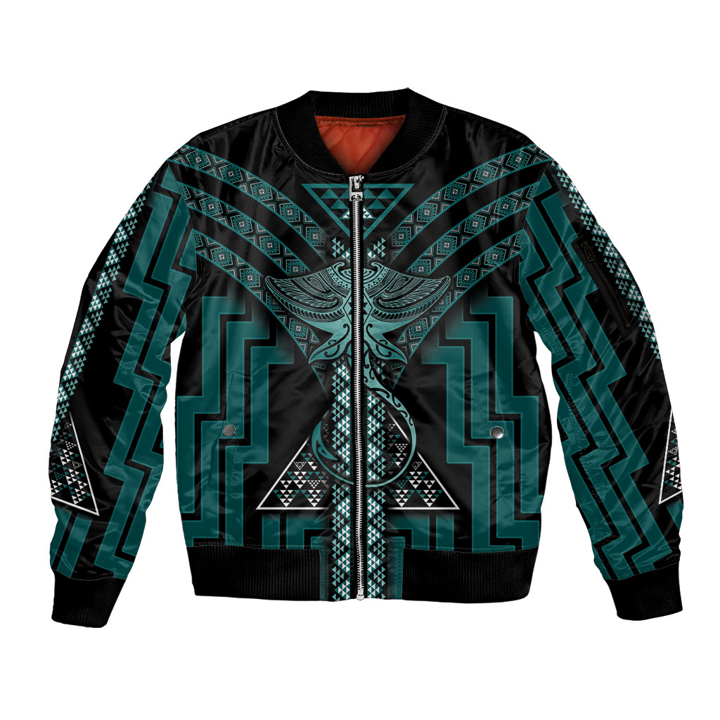 New Zealand Manta Ray Sleeve Zip Bomber Jacket Maori Tukutuku Taniko Motifs Teal