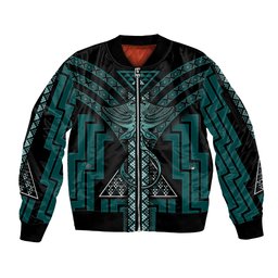 New Zealand Manta Ray Sleeve Zip Bomber Jacket Maori Tukutuku Taniko Motifs Teal
