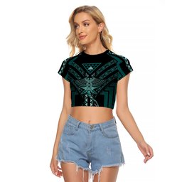 New Zealand Manta Ray Raglan Cropped T Shirt Maori Tukutuku Taniko Motifs Teal