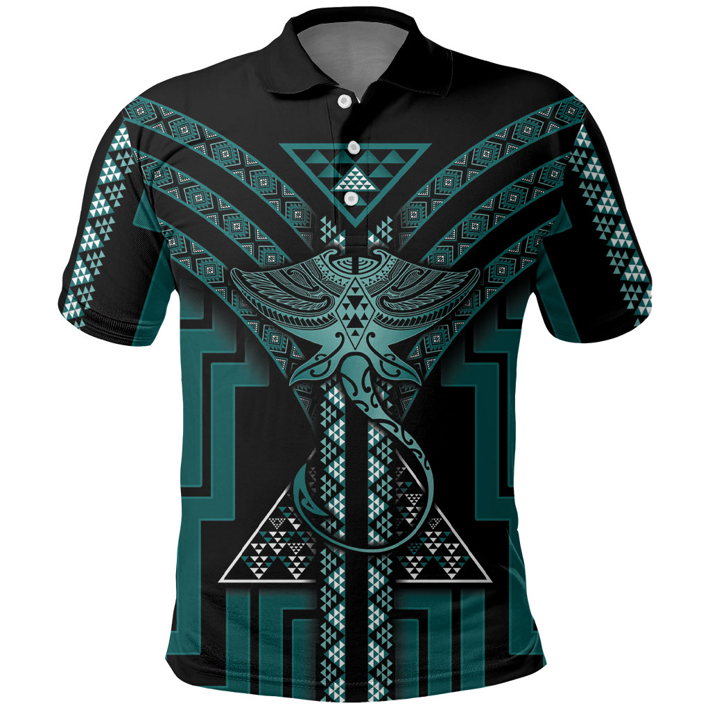 New Zealand Manta Ray Polo Shirt Maori Tukutuku Taniko Motifs Teal