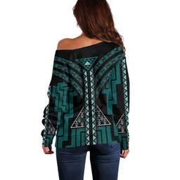 New Zealand Manta Ray Off Shoulder Sweater Maori Tukutuku Taniko Motifs Teal