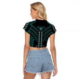 New Zealand Manta Ray Raglan Cropped T Shirt Maori Tukutuku Taniko Motifs Teal