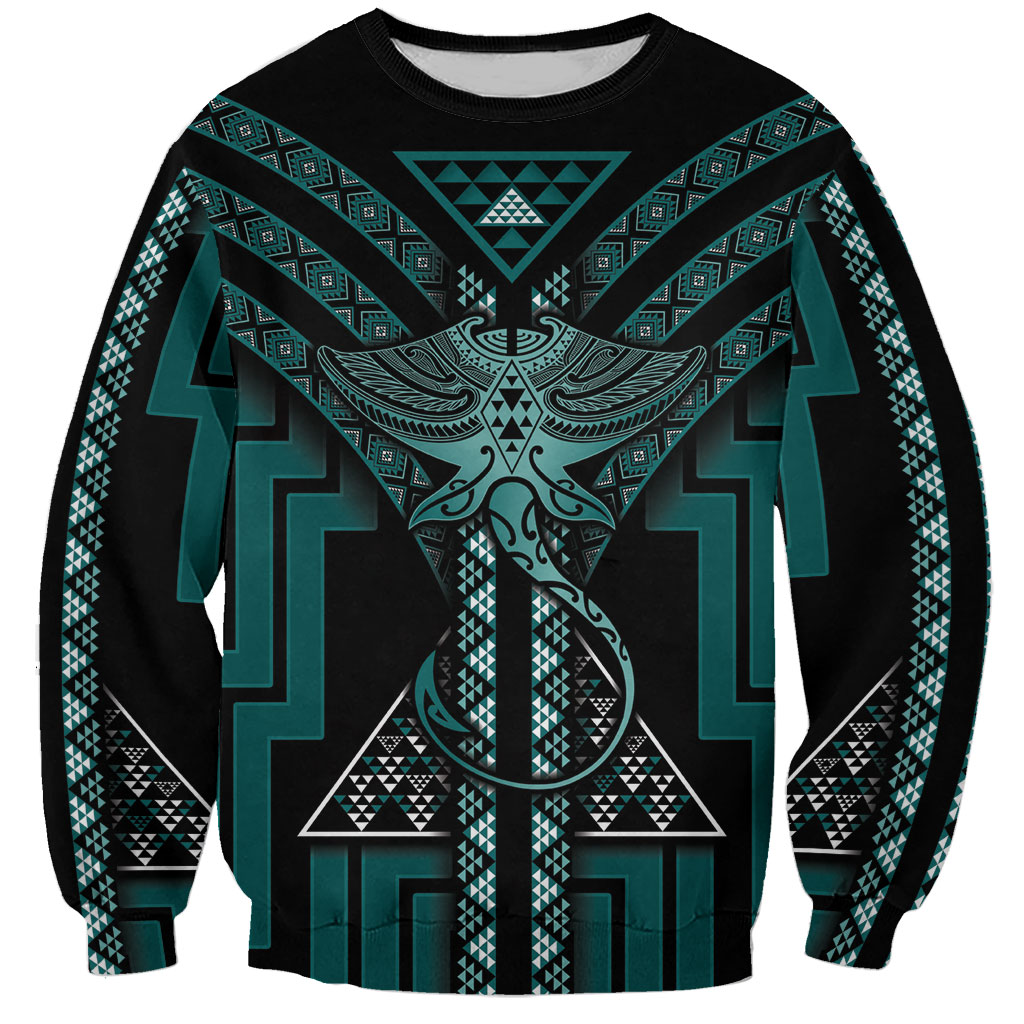 New Zealand Manta Ray Sweatshirt Maori Tukutuku Taniko Motifs Teal