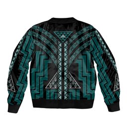 New Zealand Manta Ray Sleeve Zip Bomber Jacket Maori Tukutuku Taniko Motifs Teal
