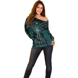 New Zealand Manta Ray Off Shoulder Sweater Maori Tukutuku Taniko Motifs Teal