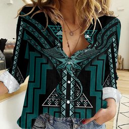 New Zealand Manta Ray Women Casual Shirt Maori Tukutuku Taniko Motifs Teal