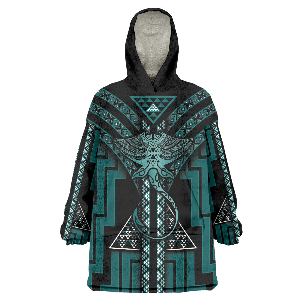 New Zealand Manta Ray Wearable Blanket Hoodie Maori Tukutuku Taniko Motifs Teal