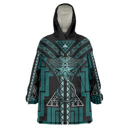New Zealand Manta Ray Wearable Blanket Hoodie Maori Tukutuku Taniko Motifs Teal