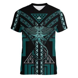 New Zealand Manta Ray Women V-Neck T-Shirt Maori Tukutuku Taniko Motifs Teal