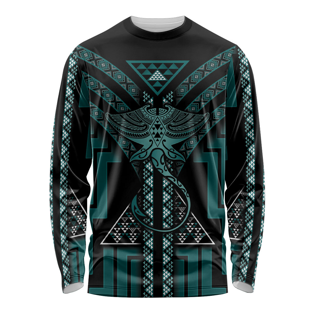 New Zealand Manta Ray Long Sleeve Shirt Maori Tukutuku Taniko Motifs Teal