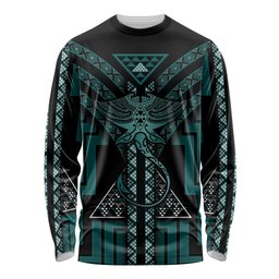 New Zealand Manta Ray Long Sleeve Shirt Maori Tukutuku Taniko Motifs Teal