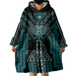 New Zealand Manta Ray Wearable Blanket Hoodie Maori Tukutuku Taniko Motifs Teal