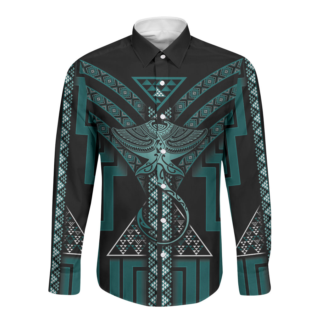 New Zealand Manta Ray Long Sleeve Button Shirt Maori Tukutuku Taniko Motifs Teal