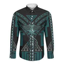 New Zealand Manta Ray Long Sleeve Button Shirt Maori Tukutuku Taniko Motifs Teal