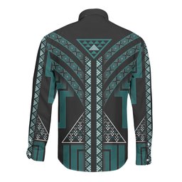 New Zealand Manta Ray Long Sleeve Button Shirt Maori Tukutuku Taniko Motifs Teal