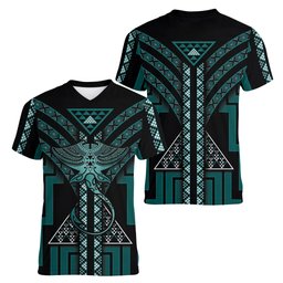 New Zealand Manta Ray Women V-Neck T-Shirt Maori Tukutuku Taniko Motifs Teal
