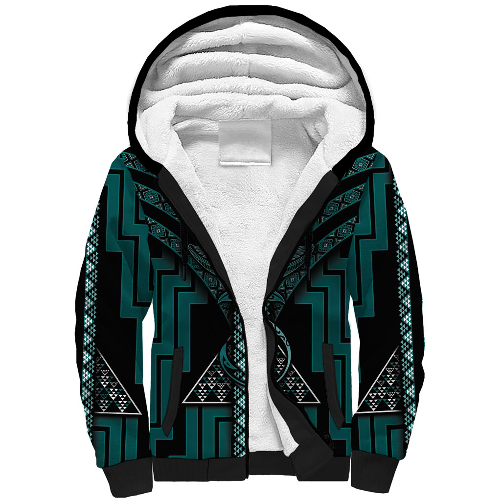 New Zealand Manta Ray Sherpa Hoodie Maori Tukutuku Taniko Motifs Teal