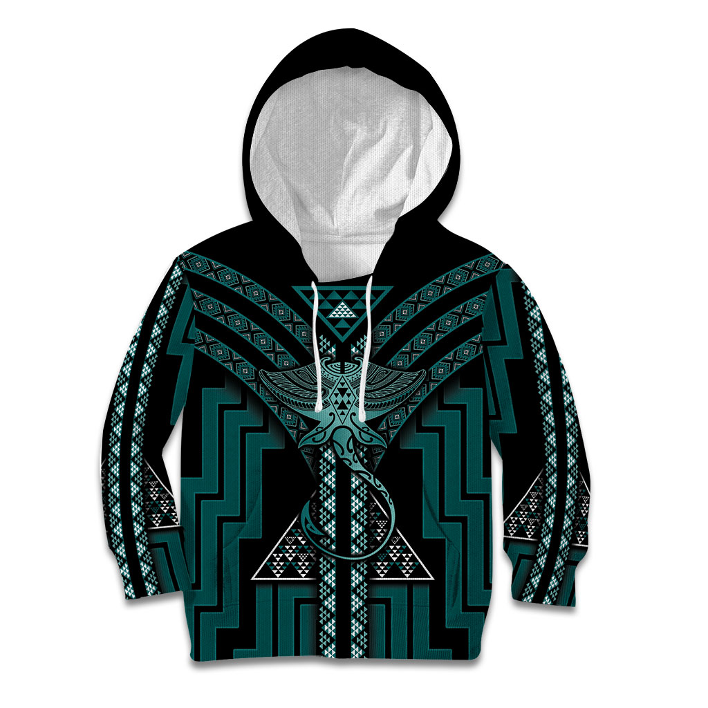New Zealand Manta Ray Kid Hoodie Maori Tukutuku Taniko Motifs Teal