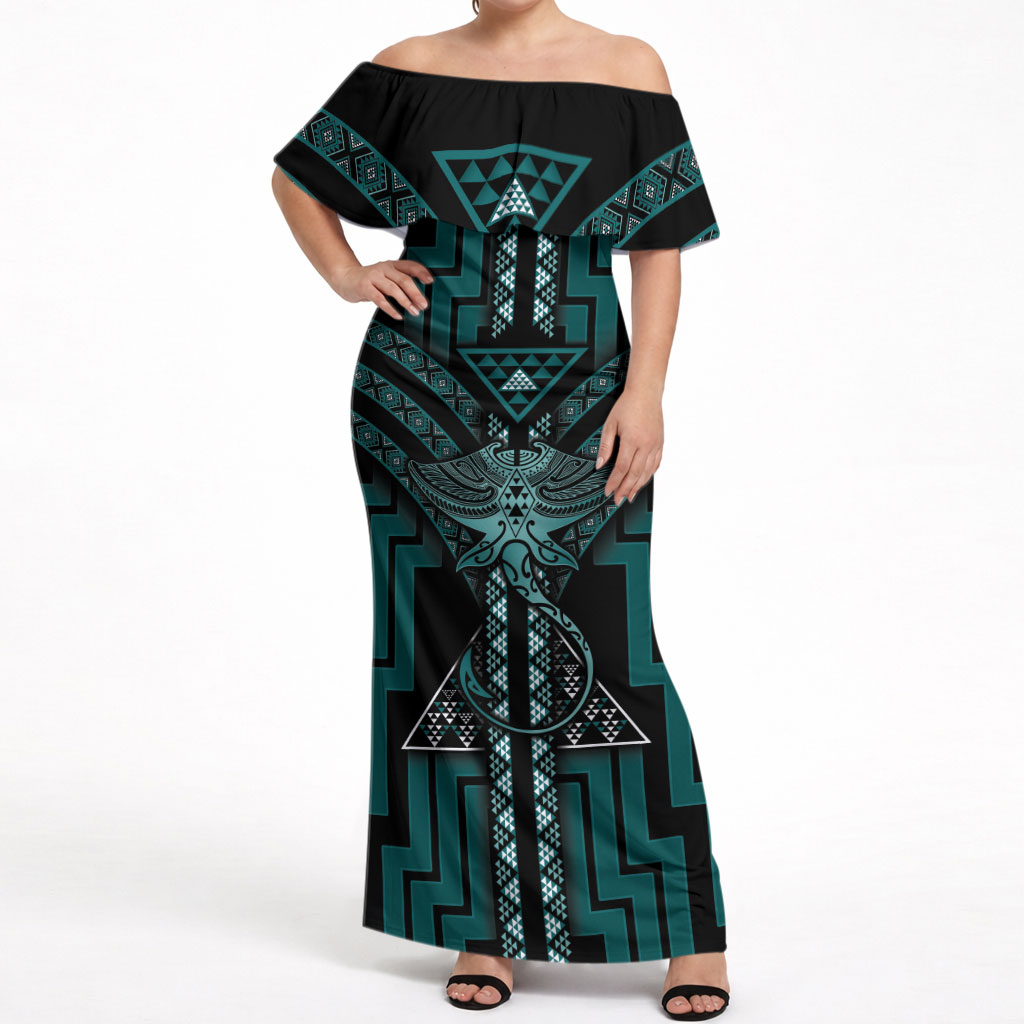 New Zealand Manta Ray Off Shoulder Maxi Dress Maori Tukutuku Taniko Motifs Teal