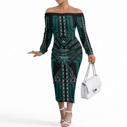 New Zealand Manta Ray Off The Shoulder Long Sleeve Dress Maori Tukutuku Taniko Motifs Teal