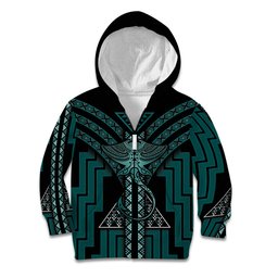 New Zealand Manta Ray Kid Hoodie Maori Tukutuku Taniko Motifs Teal