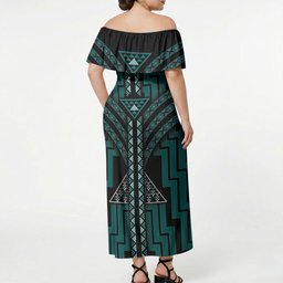 New Zealand Manta Ray Off Shoulder Maxi Dress Maori Tukutuku Taniko Motifs Teal