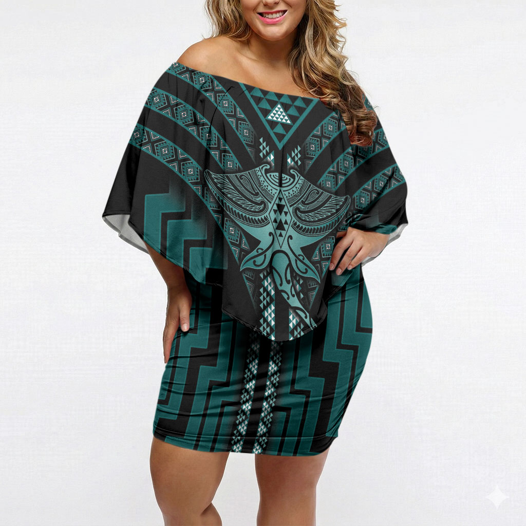 New Zealand Manta Ray Off Shoulder Short Dress Maori Tukutuku Taniko Motifs Teal