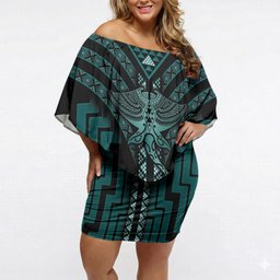 New Zealand Manta Ray Off Shoulder Short Dress Maori Tukutuku Taniko Motifs Teal