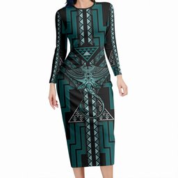 New Zealand Manta Ray Long Sleeve Bodycon Dress Maori Tukutuku Taniko Motifs Teal