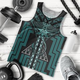 New Zealand Manta Ray Men Tank Top Maori Tukutuku Taniko Motifs Teal