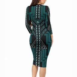 New Zealand Manta Ray Long Sleeve Bodycon Dress Maori Tukutuku Taniko Motifs Teal