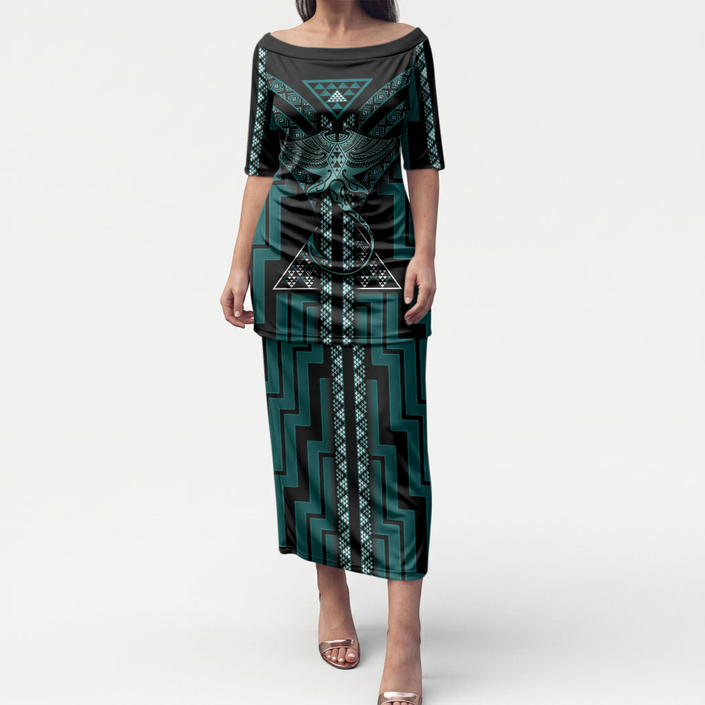New Zealand Manta Ray Puletasi Maori Tukutuku Taniko Motifs Teal