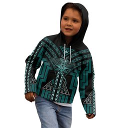 New Zealand Manta Ray Kid Hoodie Maori Tukutuku Taniko Motifs Teal