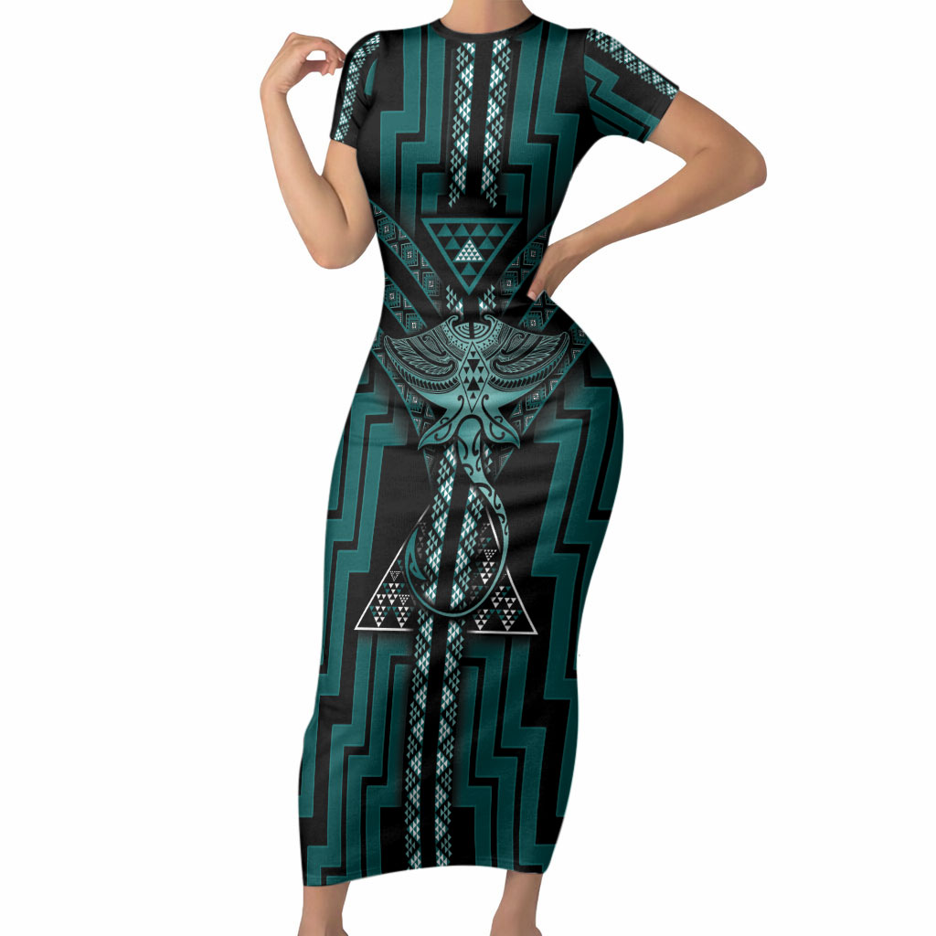 New Zealand Manta Ray Short Sleeve Bodycon Dress Maori Tukutuku Taniko Motifs Teal