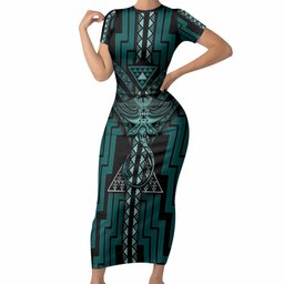 New Zealand Manta Ray Short Sleeve Bodycon Dress Maori Tukutuku Taniko Motifs Teal