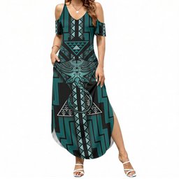 New Zealand Manta Ray Summer Maxi Dress Maori Tukutuku Taniko Motifs Teal